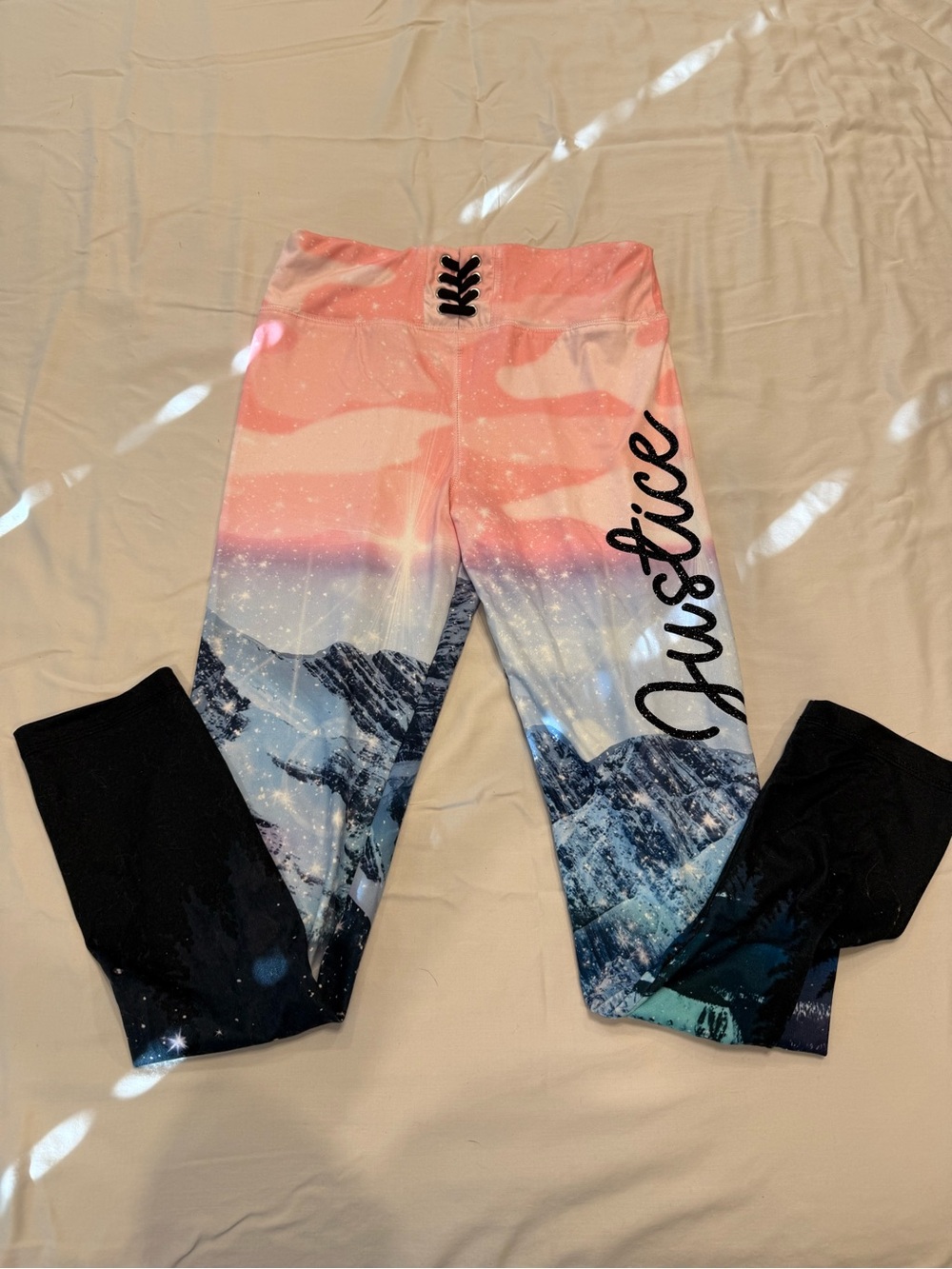 Justice Girls Pink & Blue Mountain Print Leggings